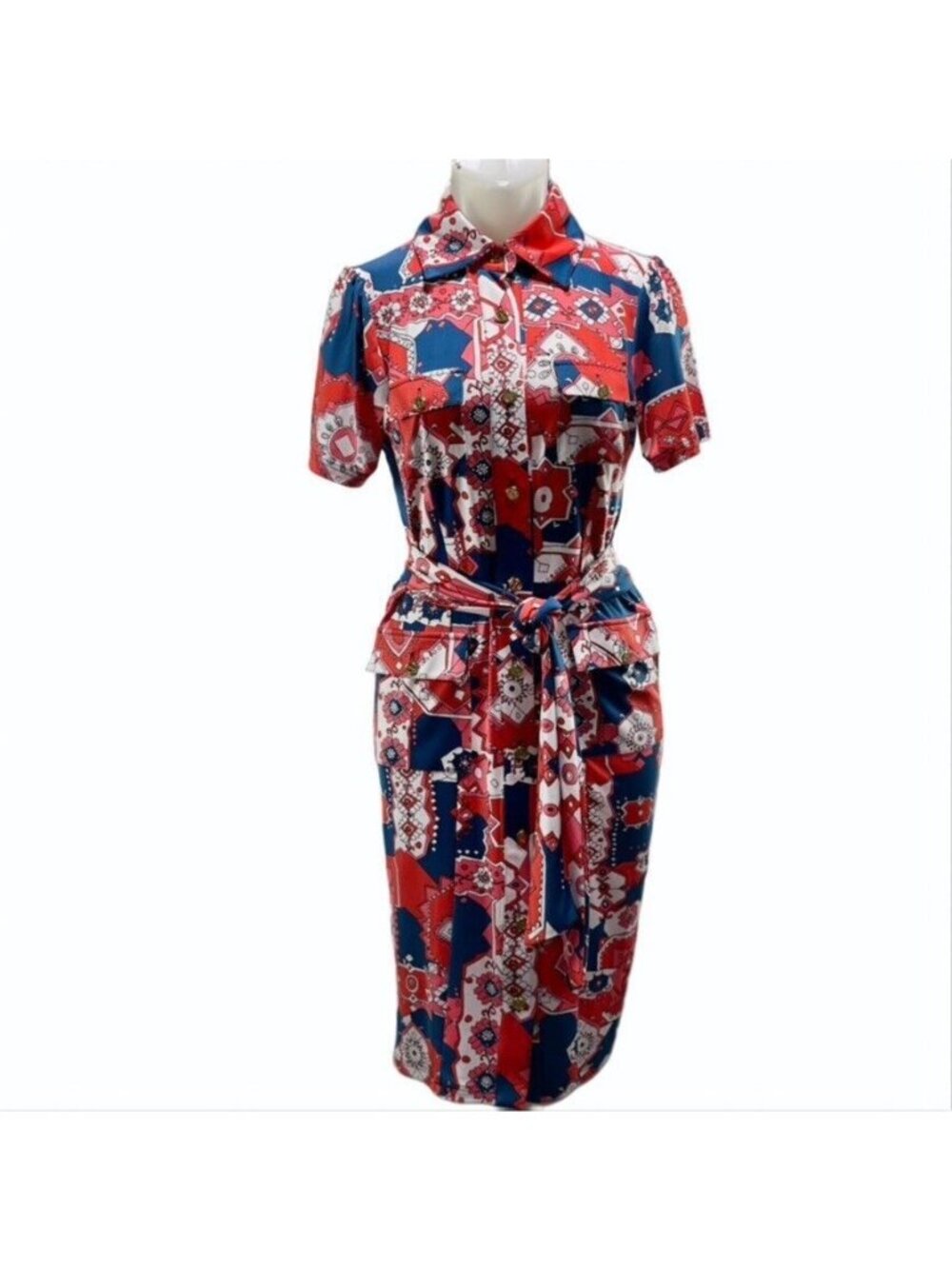 Tracy Negoshian Red & Blue Short Sleeve Collared Dress L